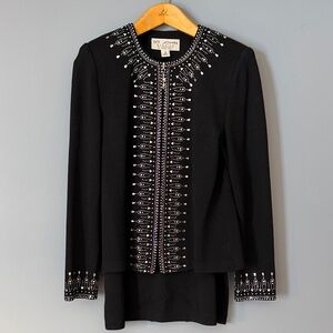 St. John Black and Silver Embellished Skirt Suit Size 2 Mint Condition